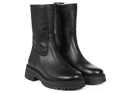 Sort læderstøvle med lynlås og elastik fra Angulus