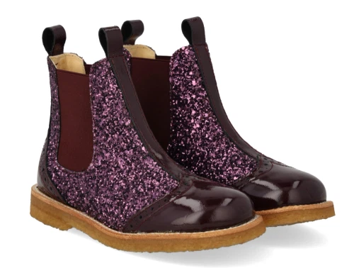 Angulus Chelsea støvle aubergine glitter med brogue detaljer