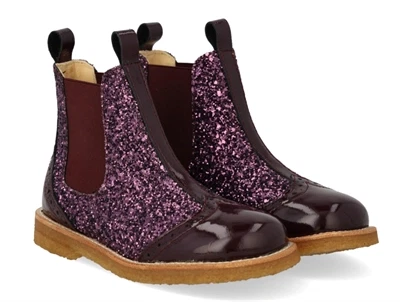 Angulus Chelsea støvle aubergine glitter med brogue detaljer