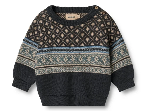 Wheat striktrøje navy med jacquardmønster og skulderknapper set forfra