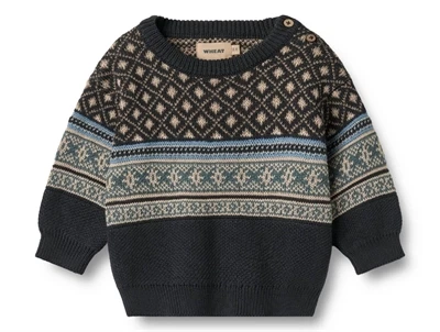 Wheat striktrøje navy med jacquardmønster og skulderknapper set forfra