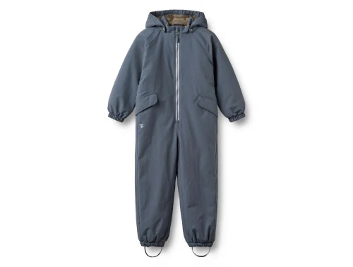 Wheat flyverdragt i blå nuance med hætte og lynlås set forfra