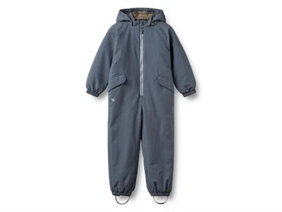 Wheat flyverdragt i blå nuance med hætte og lynlås set forfra