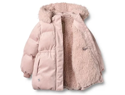 Wheat vinterjakke i rose powder med åbnet front og synligt teddyfoer