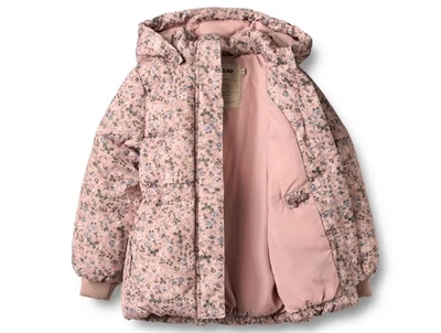 Wheat pufferjakke i rose powder flowers åbnet og vist indefra