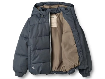 Wheat pufferjakke i ink åbnet og vist indefra med kontrastfoer