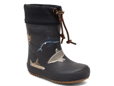 Bisgaard thermo vintergummistøvle blå med hajprint og uldfoer