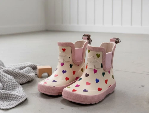 Bisgaard barefoot rubber gummistøvler i råhvid med farvede hjerter Bisgaard gummistøvler med hjerteprint og rosa sål
