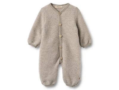 Wheat Wool fleece heldragt khaki melange set forfra med knaplukning