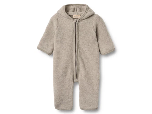 Wheat Wool fleece suit Ata khaki melange med hætte og trykknapper set forfra
