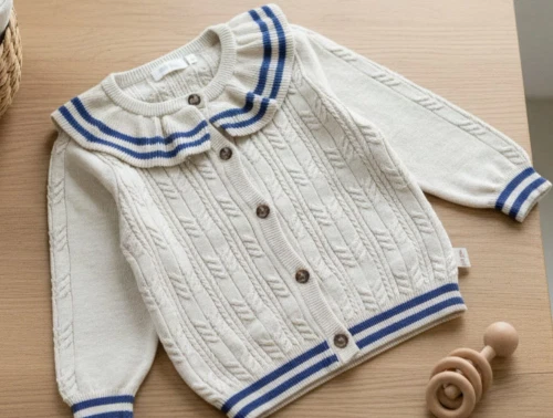 Petit Piao nature white/denim blue knit cabel collar cardigan