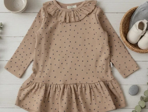 Petit Piao café rose/denim blue frill dot kjole modal