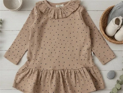 Petit Piao café rose/denim blue frill dot kjole modal