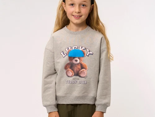 Pige iført grå sweatshirt fra THE NEW med teddy print