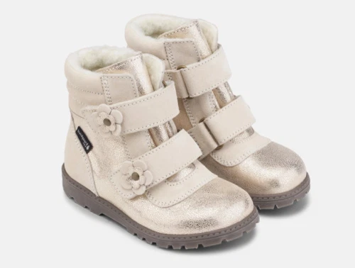 Bundgaard Tokker Flower vinterstøvle ivory glitter med blomster og velcrolukning