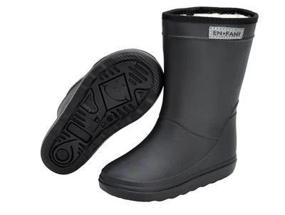 En Fant sorte termo gummistøvler med uldfoer set nedefra og fra siden