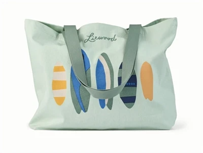 Liewood totebag i light peppermint med boards print