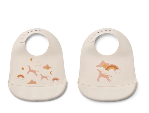 Liewood Tilda hagesmæk 2-pak i dream ecru med regnbue og enhjørning