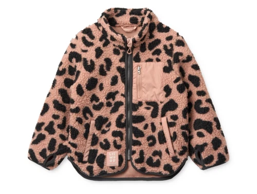 Liewood Nolan fleecejakke i rosa nuance med leopardprint og lynlås set forfra