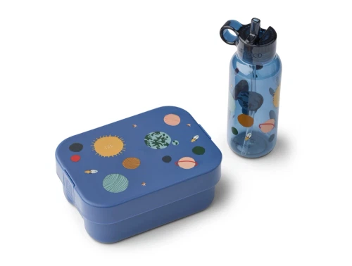 Liewood Chelsey madkasse sæt i universe og classic navy med drikkedunk og bestik