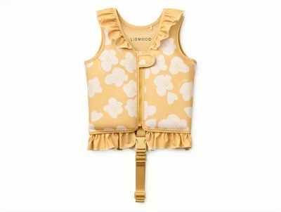 Liewood Dove svømmevest i gul nuance med blomsterprint og flæser set forfra