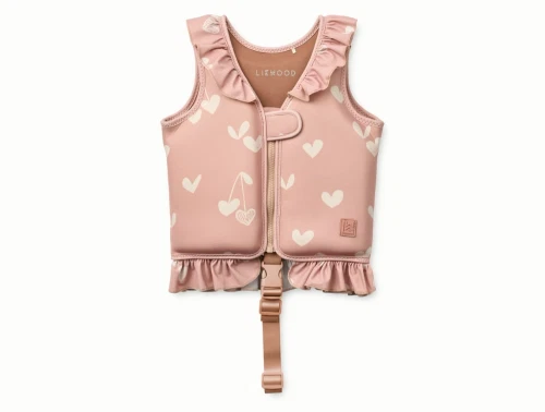 Liewood Dove svømmevest i rosa nuance med hjerteprint og flæser set forfra