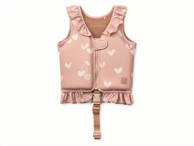 Liewood Dove svømmevest i rosa nuance med hjerteprint og flæser set forfra