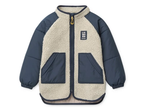 Liewood Runa jakke i råhvid og navy med fleece og quiltede ærmer