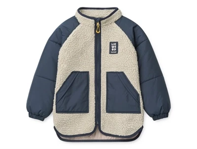 Liewood Runa jakke i råhvid og navy med fleece og quiltede ærmer