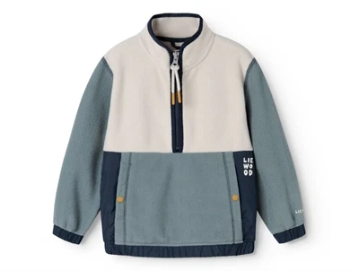 Liewood Wynn fleece bluse i blå og råhvid nuance med half zip