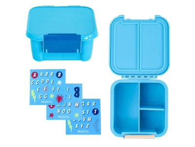 MontiiCo snackboks i blå med to rum og stickersæt