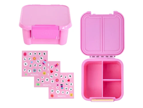 MontiiCo snackbox i pink floss med klistermærker og to rum