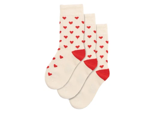 MiniPop bambus strømper 3-pak i off white med røde hjerter og sømløs tåsøm