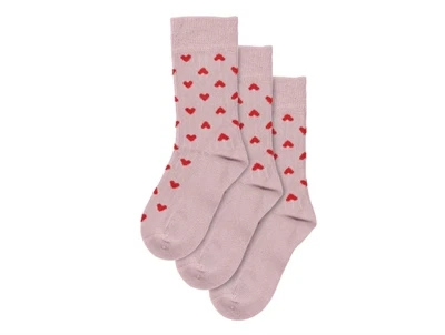 MiniPop bambus strømper 3-pak i rosa med røde hjerter og sømløs tåsøm