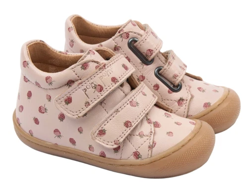 Pom Pom begyndersko dusty rose med jordbærprint og velcro