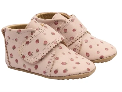 Pom Pom hjemmesko dusty rose med jordbærprint og velcro scallops
