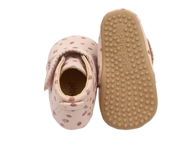 Pom Pom hjemmesko dusty rose med jordbærprint og velcro scallops
