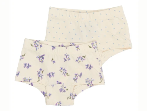 Petit Piao hipsters 2-pack i creme nuance med blomsterprint og blå hjerter