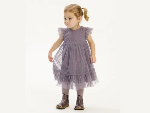 THE NEW siblings mesh kjole i grå ridge med prikker og flæser