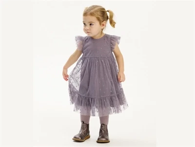 THE NEW siblings mesh kjole i grå ridge med prikker og flæser