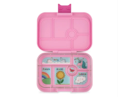 Yumbox Original madkasse i power pink med åben låg og unicornprint i inderbakken