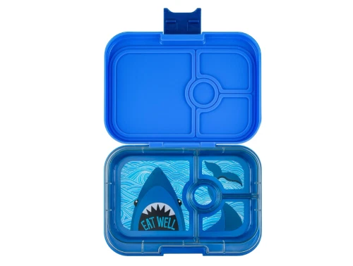 Yumbox Panino madkasse i blå med åben låg og hajprint i inderbakken