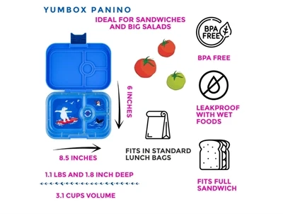 Yumbox Panino madkasse i blå med grafik over funktioner og mål