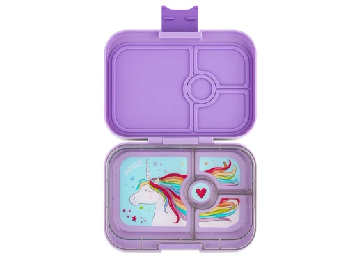 Yumbox Panino madkasse i lavendel lilla med åben låg og unicornprint i inderbakken