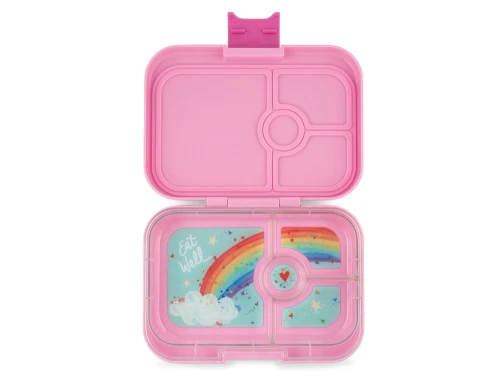 Yumbox Panino madkasse i power pink med åben låg og regnbueprint i inderbakken